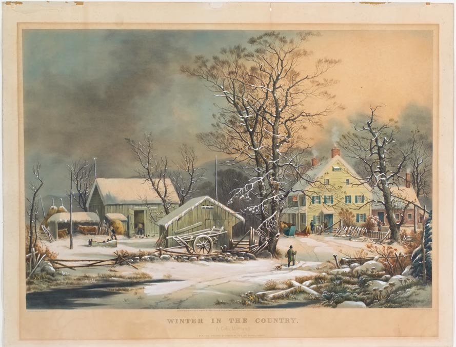 Winter scene of man walking up snow covered path followed by dog headed to house where two men speak at doorway