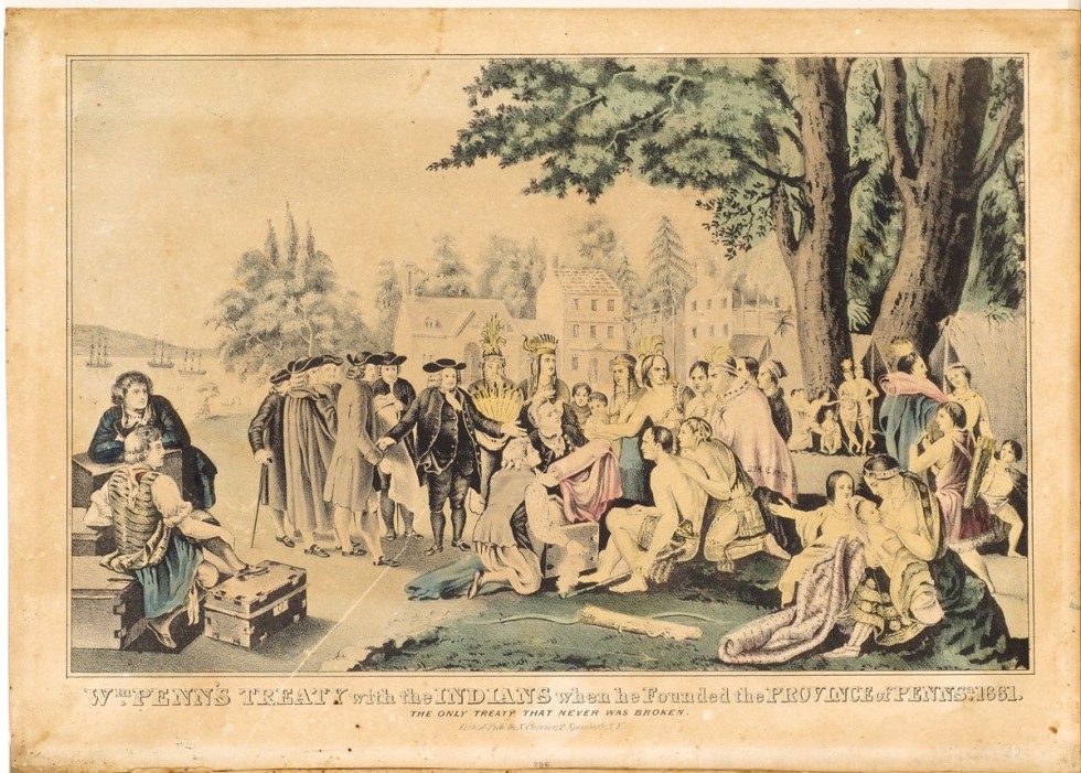 William Penn meeting with Indians along shore showing Indians fabrics and goods from chests
