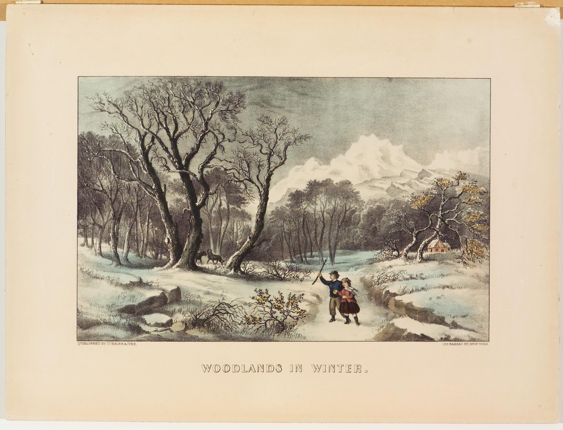 Woodland scene - couple walking down path toward center left