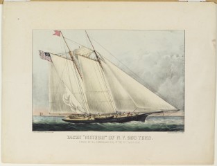 Ship sailing to right in image