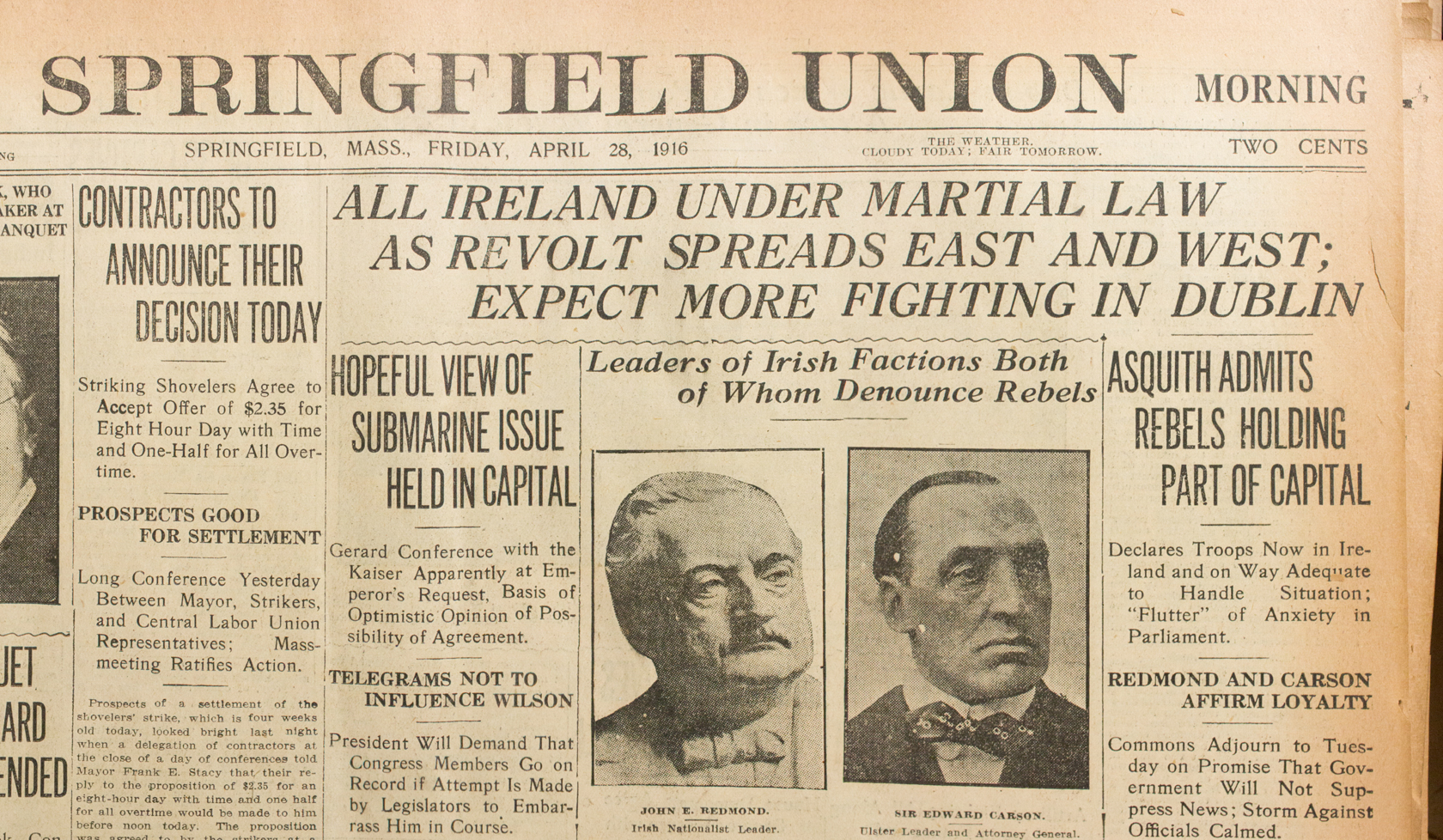 Springfield Union Newspaper front page April 1916