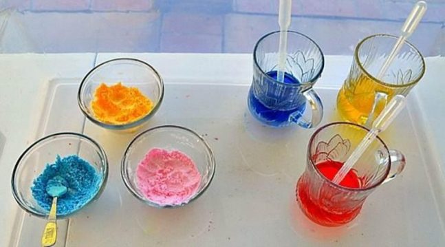 Assorted colored liquids and powders