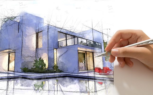 Hand drafting a design villa with pool