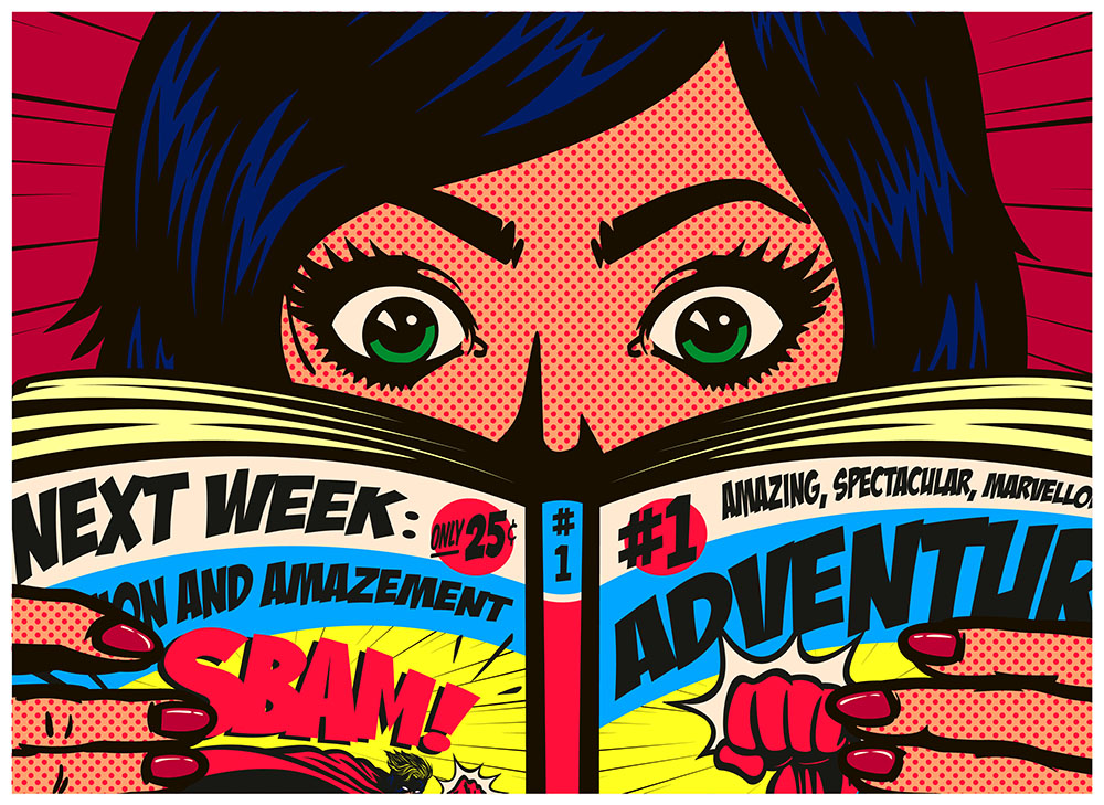 Comic Illustration of Woman Reading Comic Book