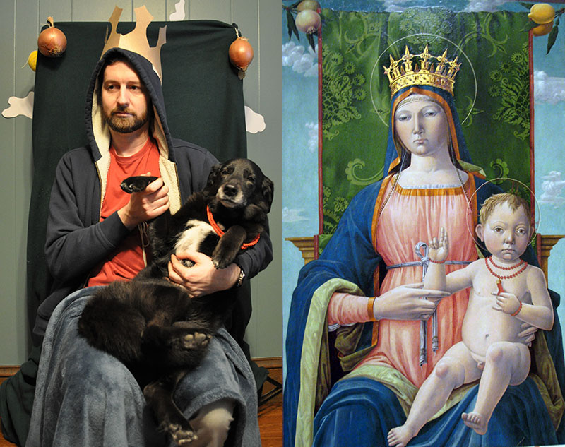 a person imitates a painting of the Madonna and baby Jesus