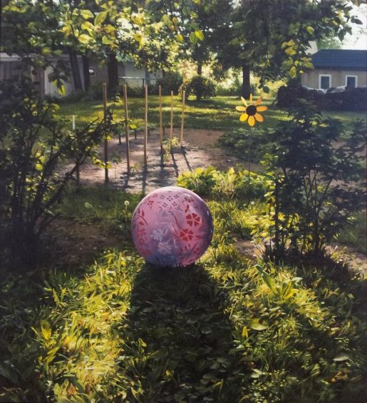 Painting of colorful pink flowered ball among garden greens