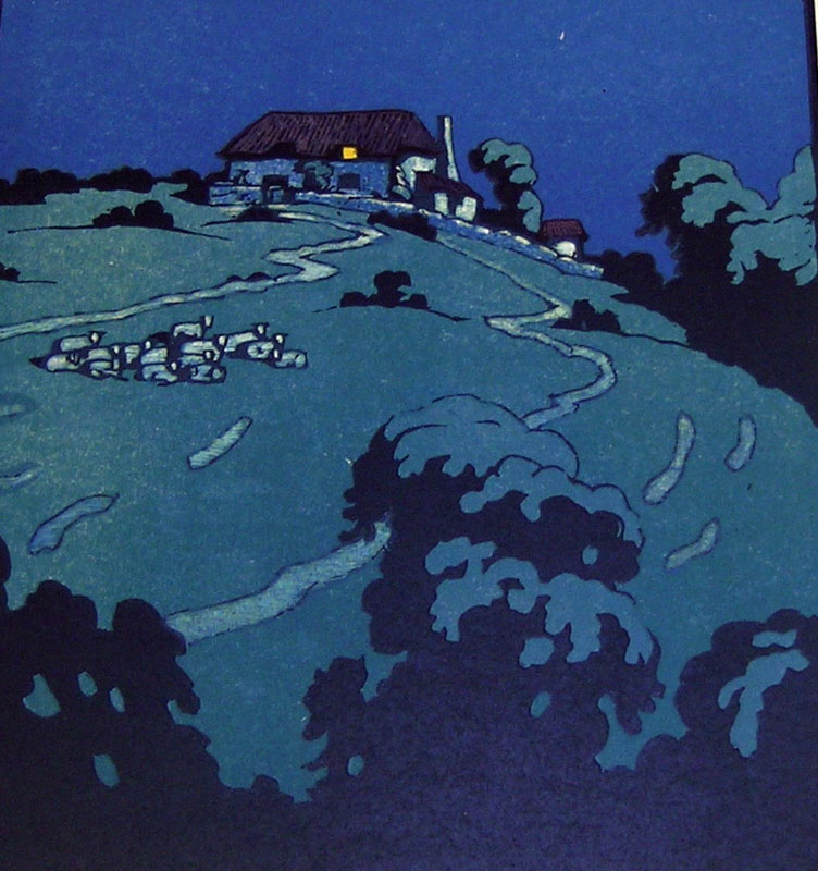Woodblock print by John Hall Thorpe in shades of blue, black and highlighted with white of a house on a hill