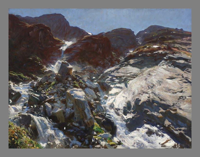 Painting of a gentle stream running through rocks