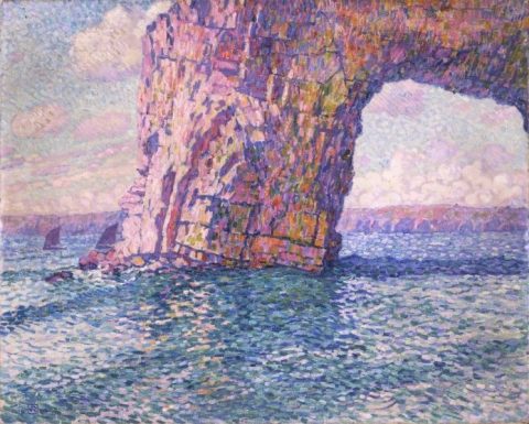 Pointillist painting of a natural arch in the ocean by Theo van Rysselberghe