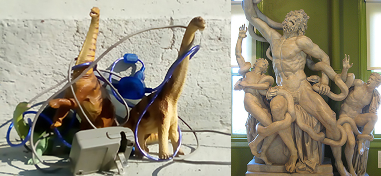 toy model dinosaurs interpret ancient Greek statue plaster cast