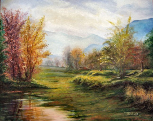 Landscape painting of trees and a stream