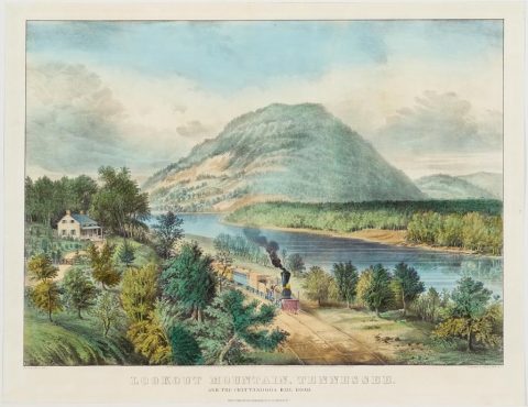 Print of mountain next to river with train steaming by