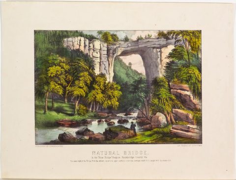 Print of a natural bridge formed by rocks over a river