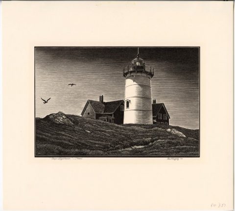 Black and white illustration of lighthouse on rocks