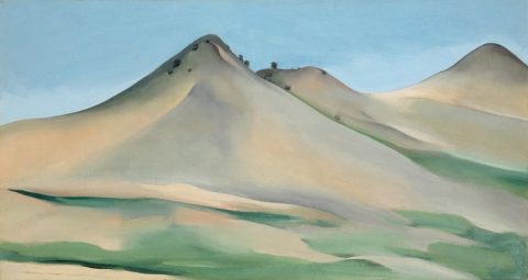 Painting of simplified mountains against a blue sky
