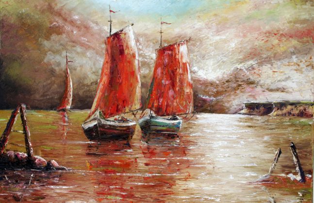 Painting of two boats with sails