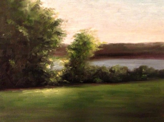 Painting of a pond and trees at dusk