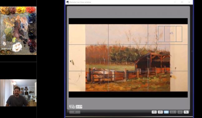 Image that shows an art teacher, screen for online class and paints