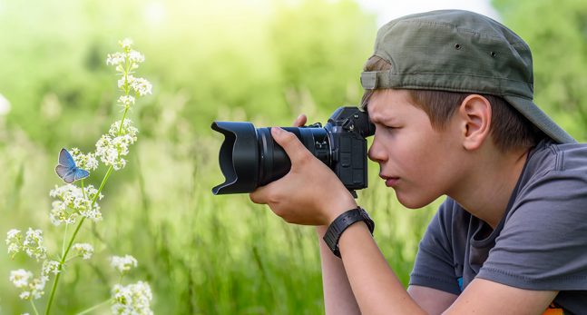 Boy photographing a blue butterfly
