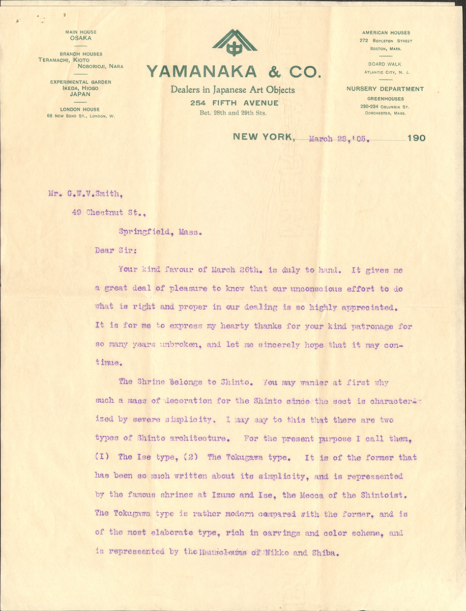 Letter to George Walter Vincent Smith from D.J.R. Ushikubo of Yamanaka and Co., New York, March 29, 1905