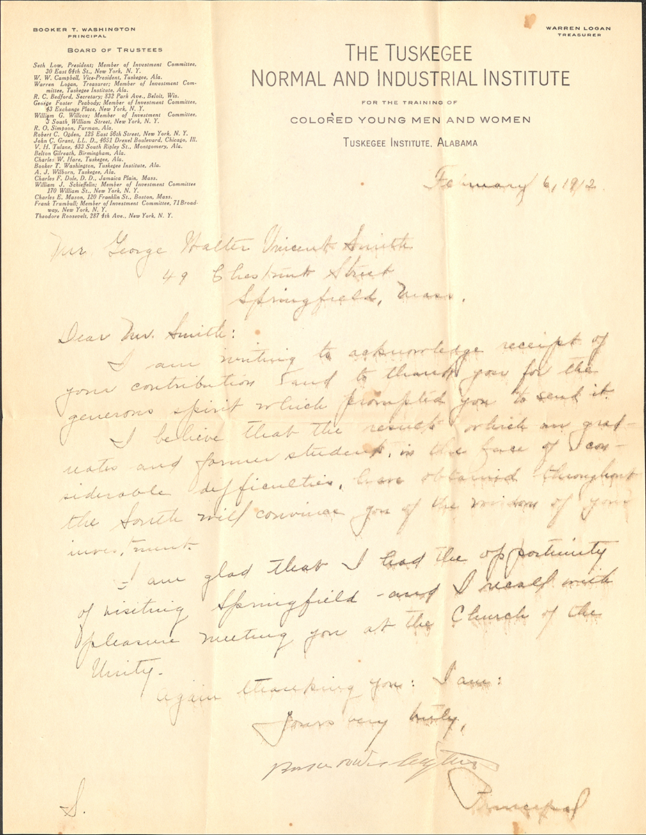 Letter to George Walter Vincent Smith from Booker T. Washington, Tuskegee Institute, Alabama, February 6, 1912