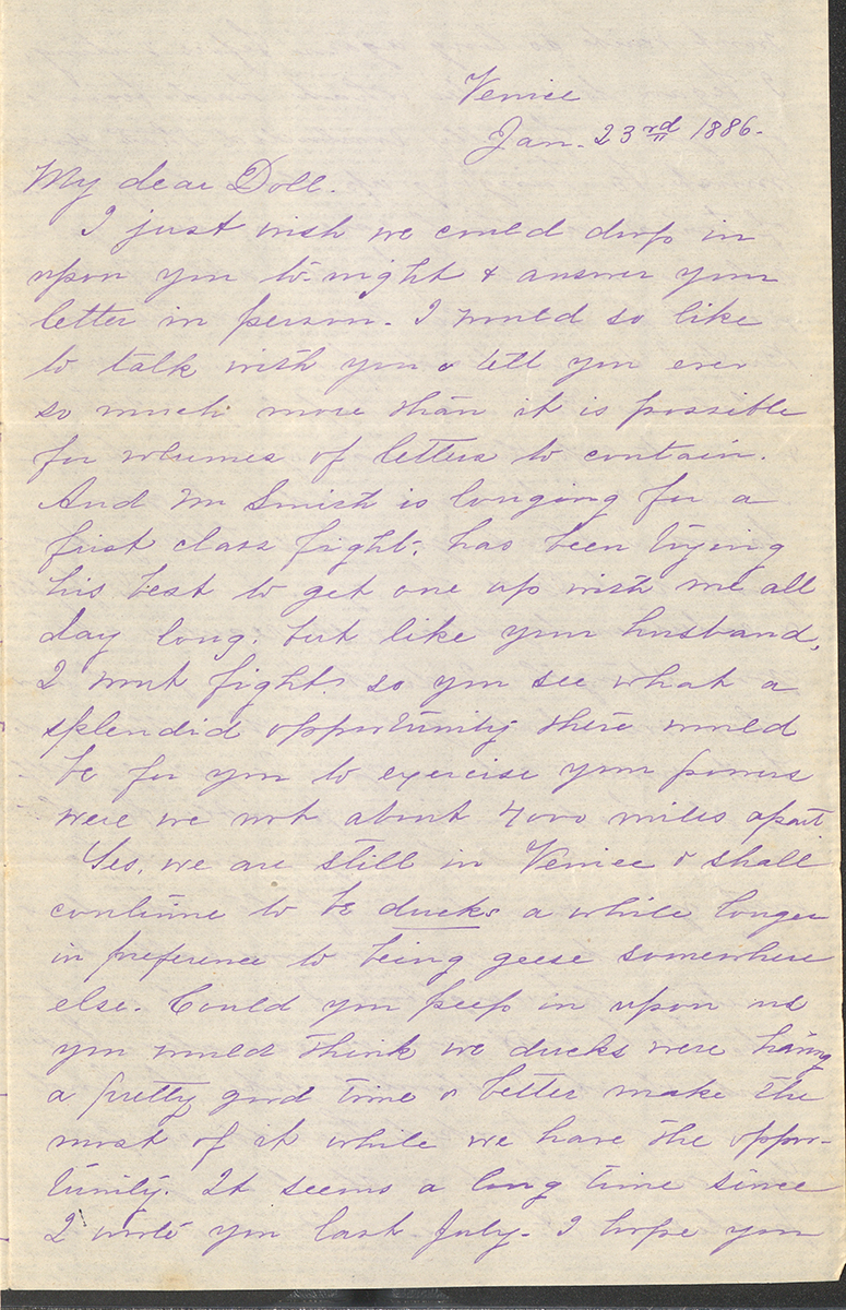 Letter to “Doll” or Mrs. C. C. Buswell from Belle Townsley Smith, Venice, January 23, 1886