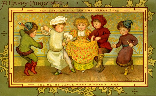 Old Christmas card with watercolor painting of people in old fashion costumes and holly leaf decorations