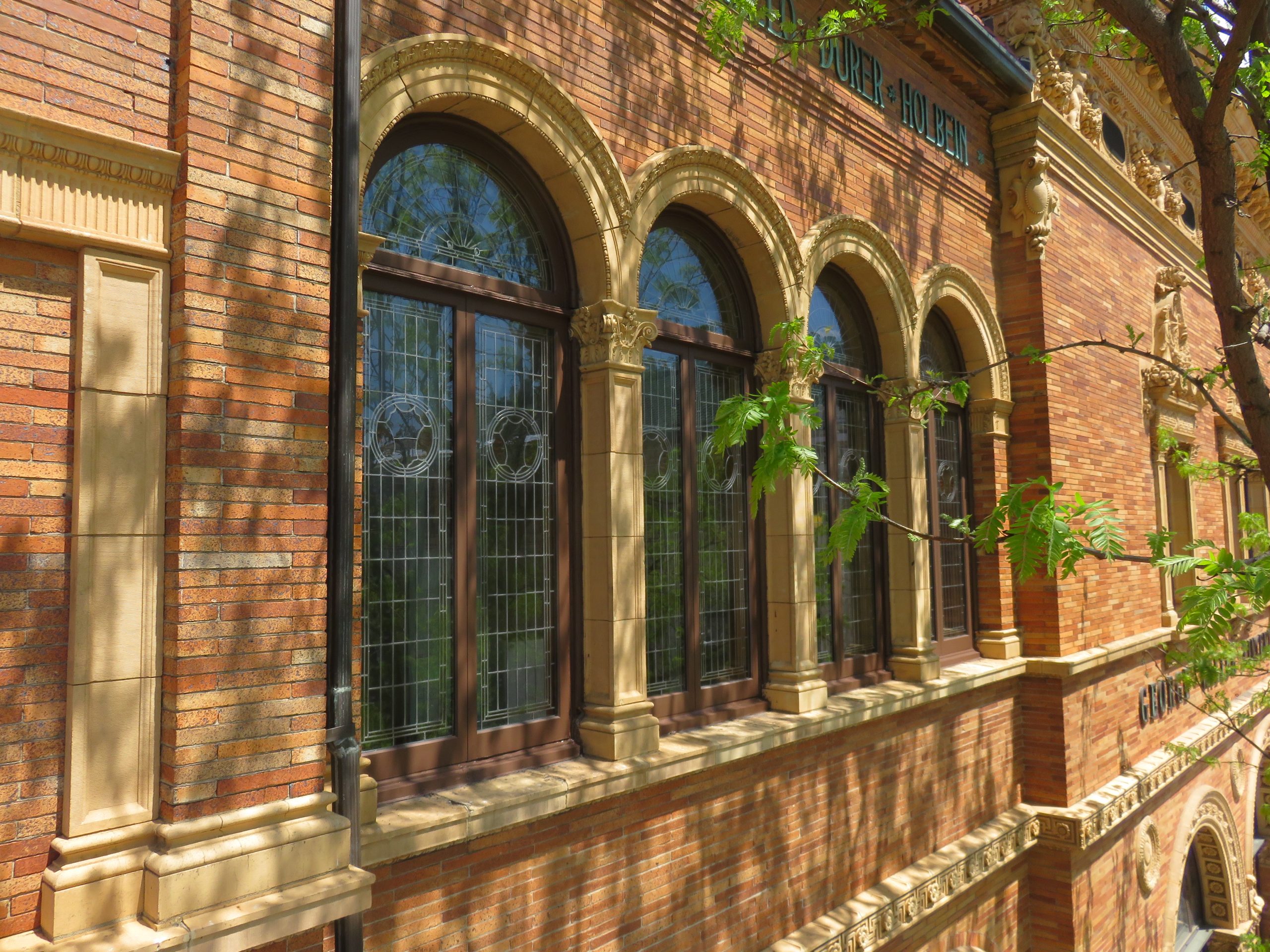 Exterior view of Tiffany Windows with Publisher Seals