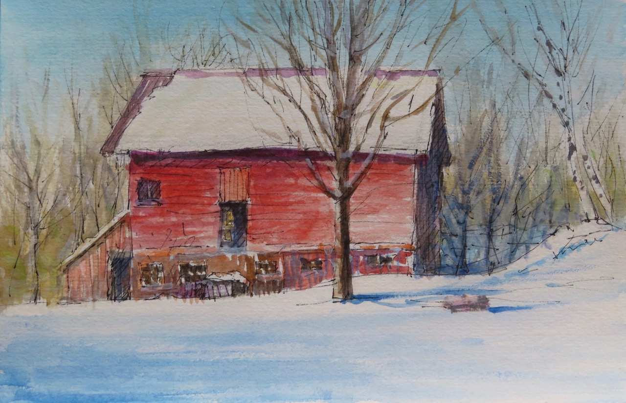 Sketch of a red barn in the snow