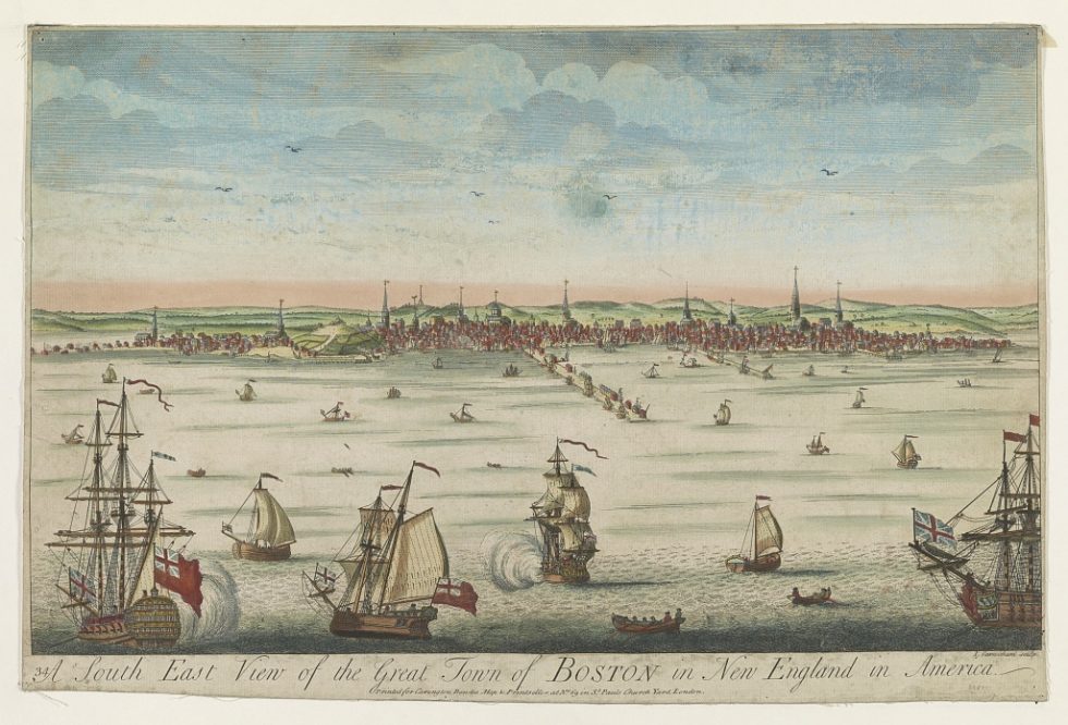 A south east view of the great town of Boston in New England in America, between 1730-1760
