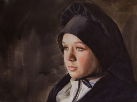 Painting of a young girl with a black cap and white shirt