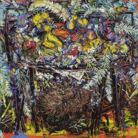 Abstract painting of a man's head under a fruit laden table. 