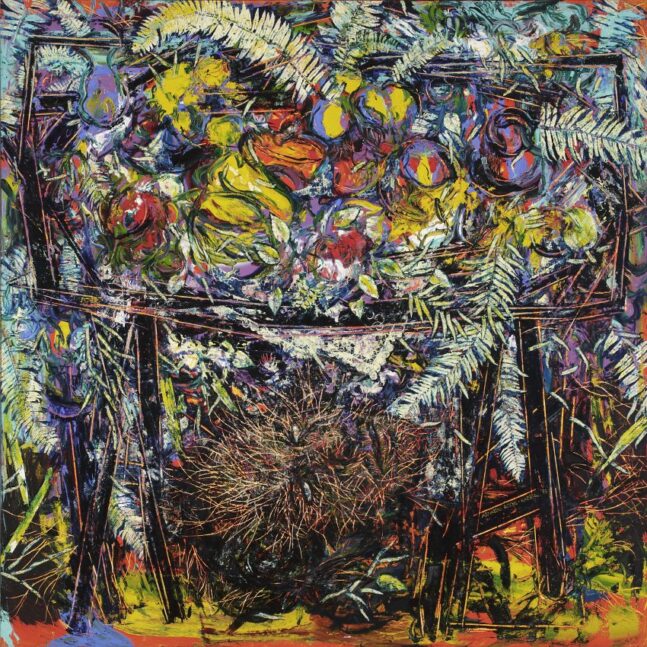 Abstract painting of a man's head under a fruit laden table.