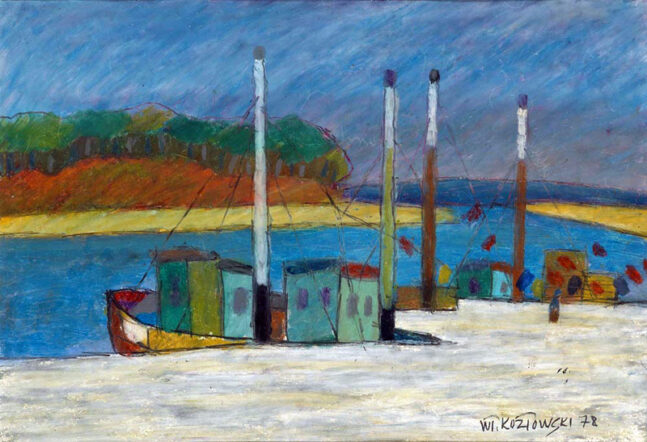 Post-impressionist painting of boats at a dock