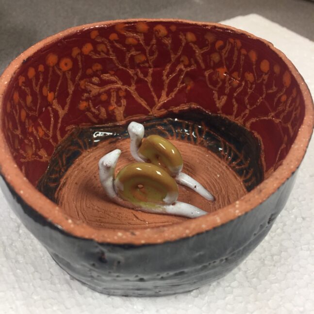 Hand-made bowl with three dimensional snail figures