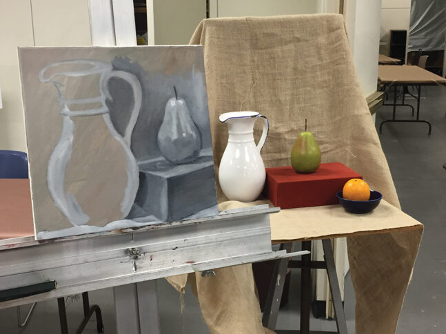 Still life with pear and orange