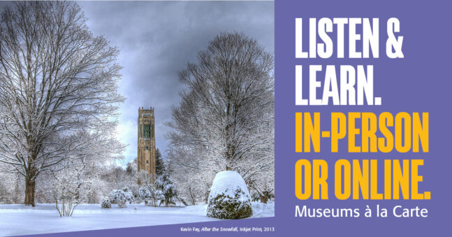 An ornate tower between two trees after snowfall