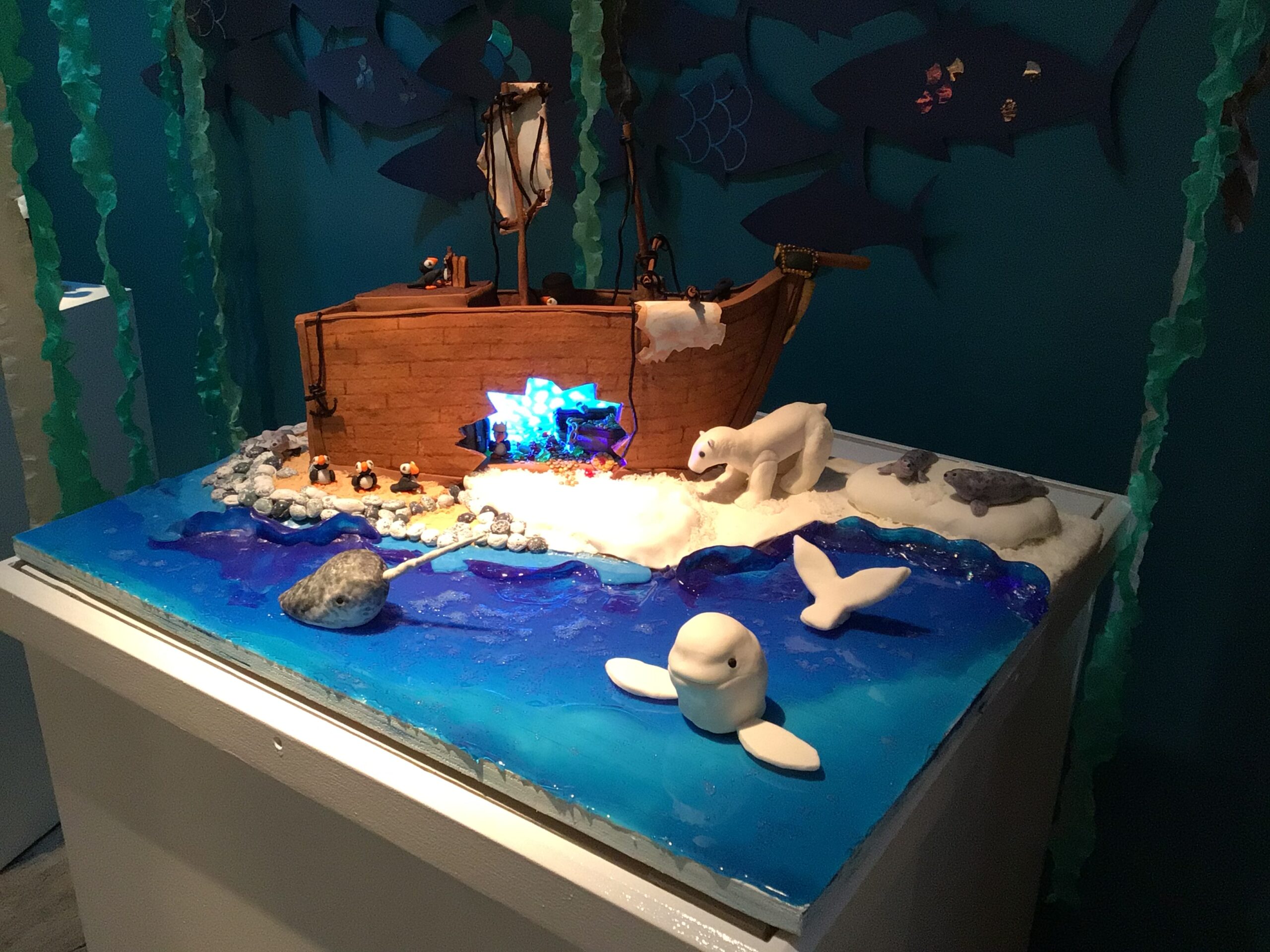 Gingerbread baot with polar bear and narwhale made with confections