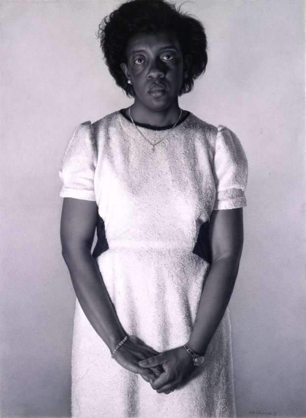 graphite portrait of a Black woman in a white dress