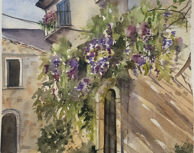 Watercolor painting of a stucco building with overflowing flower boxes