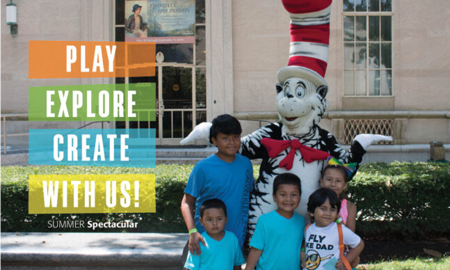 Five children posing with a costumed character