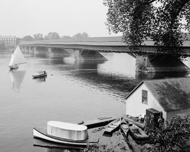 A covered bridge over a river