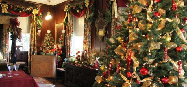 Victorian-era home decorated for Christmas