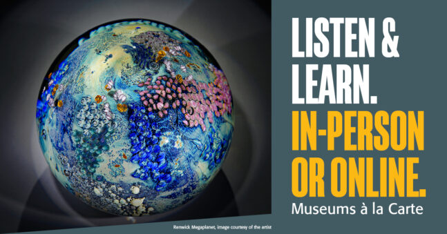 Glass globe with colorful inclusions that resembles a planet