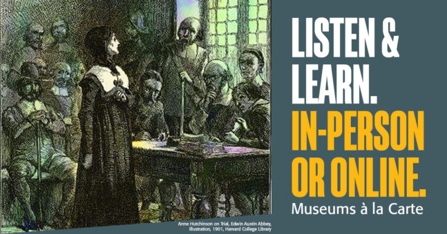 Illustration of a woman standing trial in the late 1600s