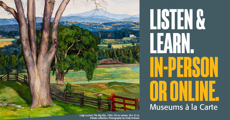 Painting of a large elm tree with fields and mountains in the distance