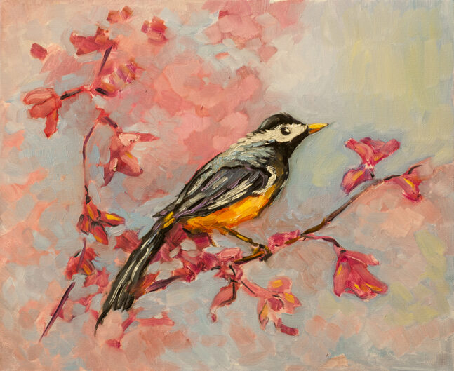 Oil painting of a bird on a branch