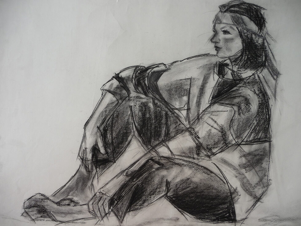 A charcoal drawing of a sitting woman, looking to the left