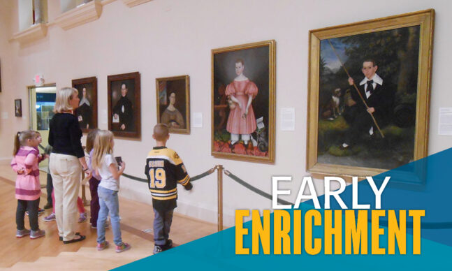 Young children view 19th century portraits in a museum gallery