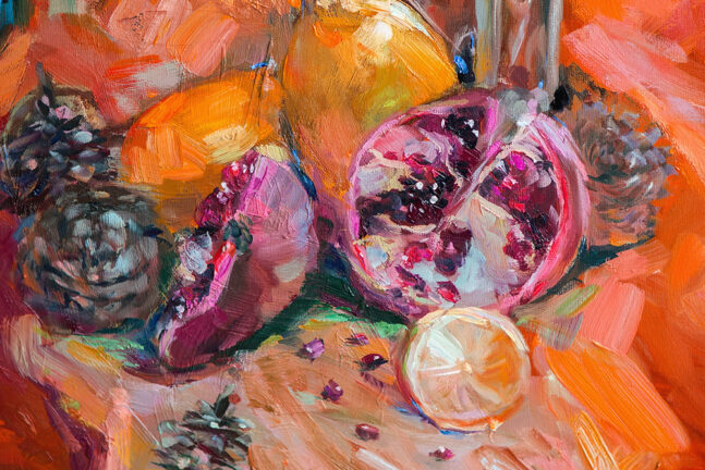 Still life painting of various fruits in an impressionist style